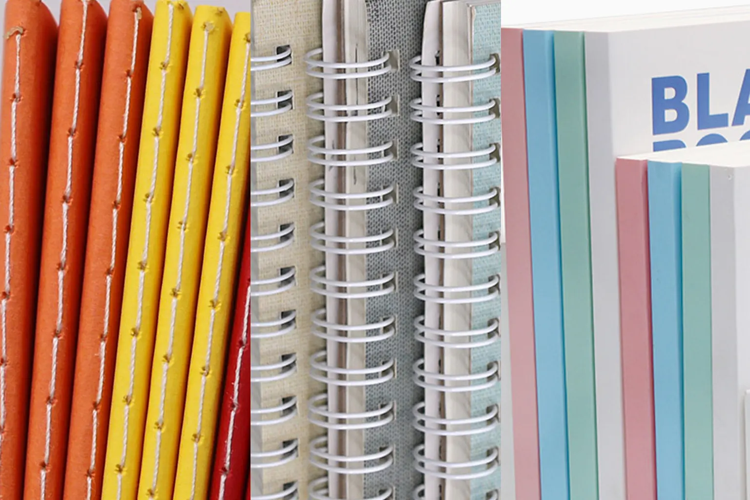 Three-panel close-up of sewn spines, metal wire binding, and glue-bound book spines.