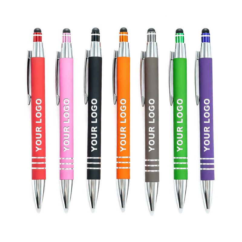 Farbiger Soft-Touch-Stift mit Druckknopf aus Metall